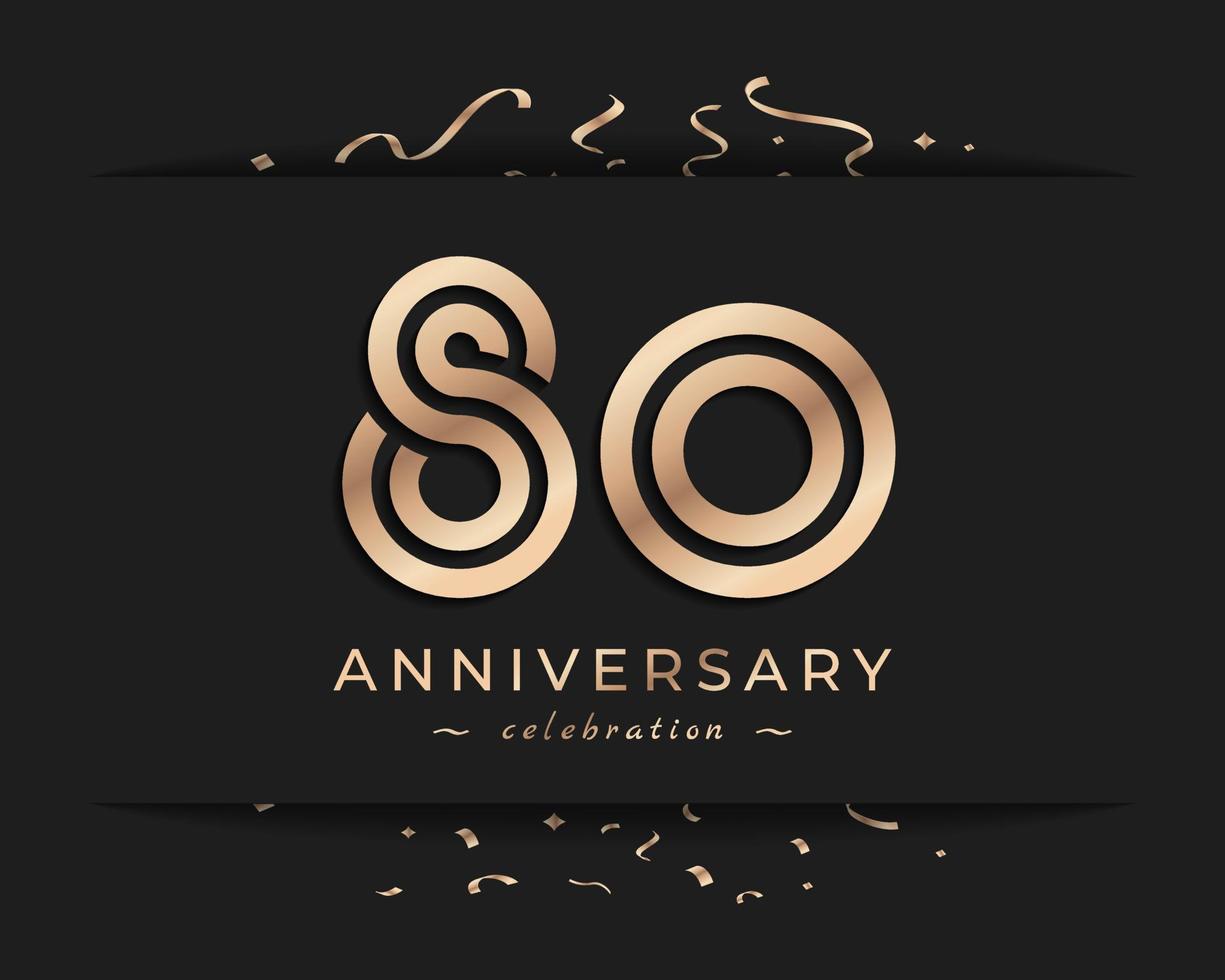80 Year Anniversary Celebration Logotype Style Design. Happy Anniversary Greeting Celebrates Event with Golden Multiple Line and Confetti Isolated on Dark Background Design Illustration vector