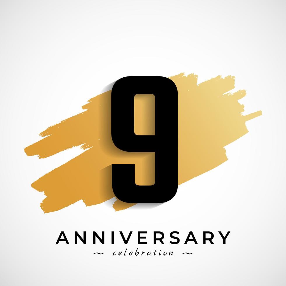 Celebración del aniversario de 9 años con símbolo de pincel dorado. saludo de feliz aniversario celebra evento aislado sobre fondo blanco vector