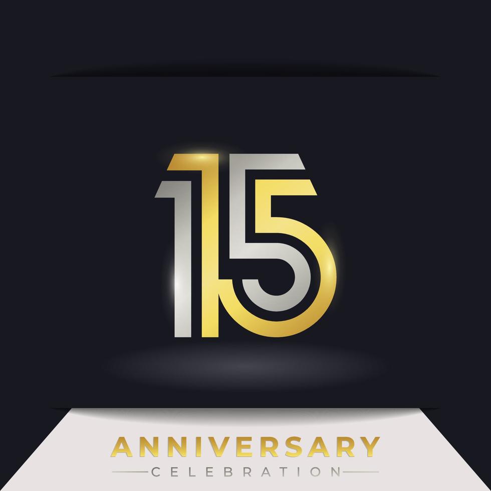 15 Year Anniversary Celebration with Linked Multiple Line Golden and Silver Color for Celebration Event, Wedding, Greeting card, and Invitation Isolated on Dark Background vector