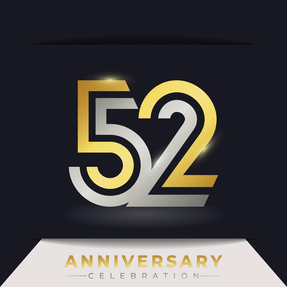 52 Year Anniversary Celebration with Linked Multiple Line Golden and Silver Color for Celebration Event, Wedding, Greeting card, and Invitation Isolated on Dark Background vector