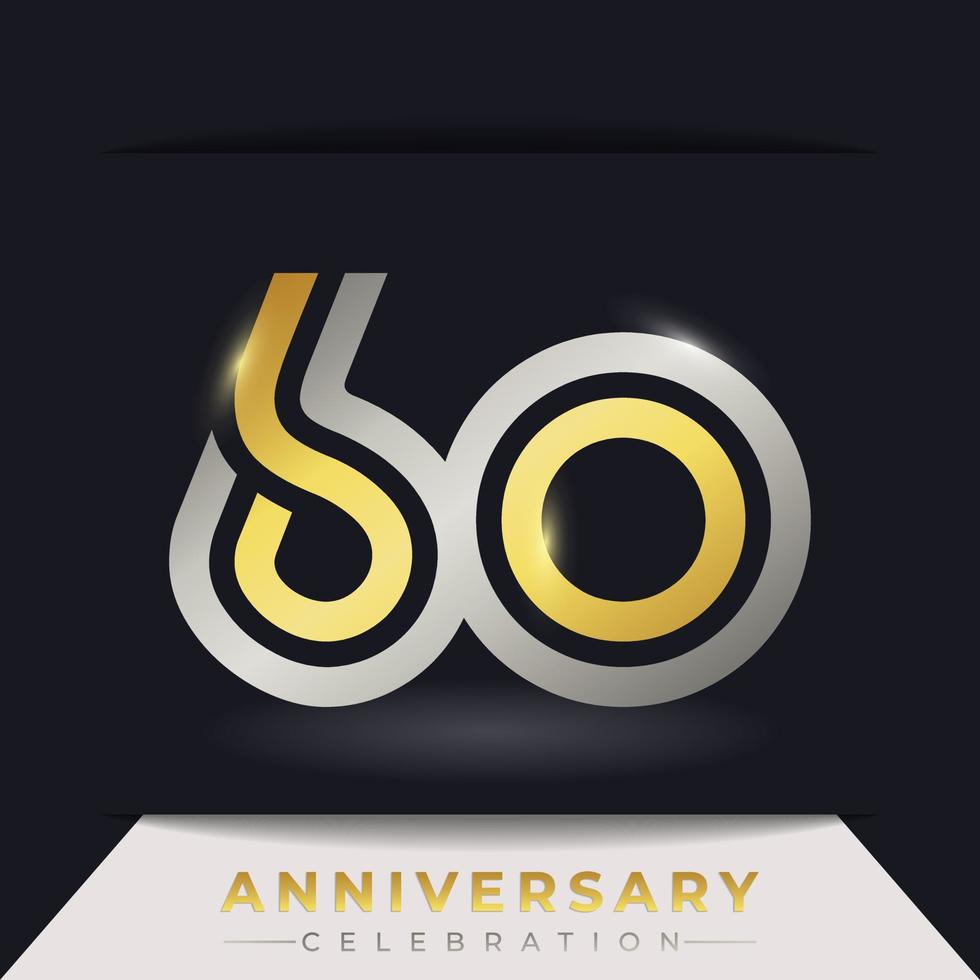 60 Year Anniversary Celebration with Linked Multiple Line Golden and Silver Color for Celebration Event, Wedding, Greeting card, and Invitation Isolated on Dark Background vector