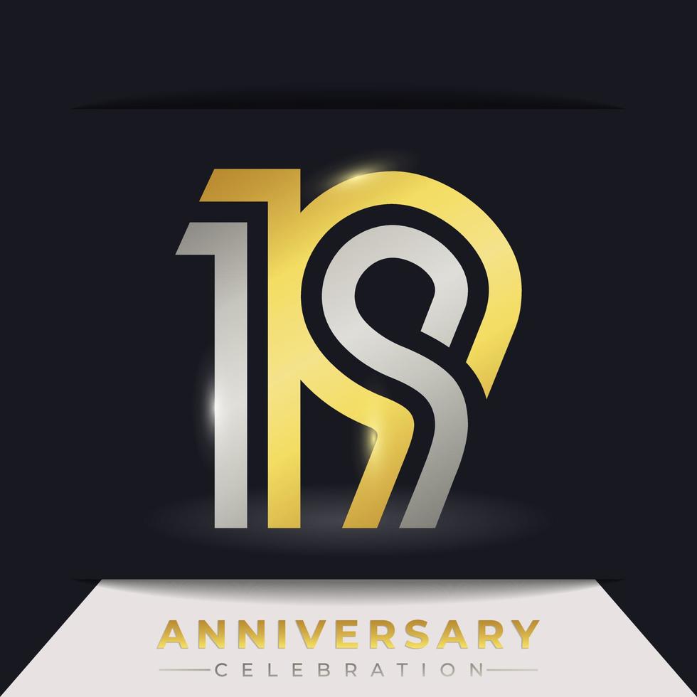 19 Year Anniversary Celebration with Linked Multiple Line Golden and Silver Color for Celebration Event, Wedding, Greeting card, and Invitation Isolated on Dark Background vector