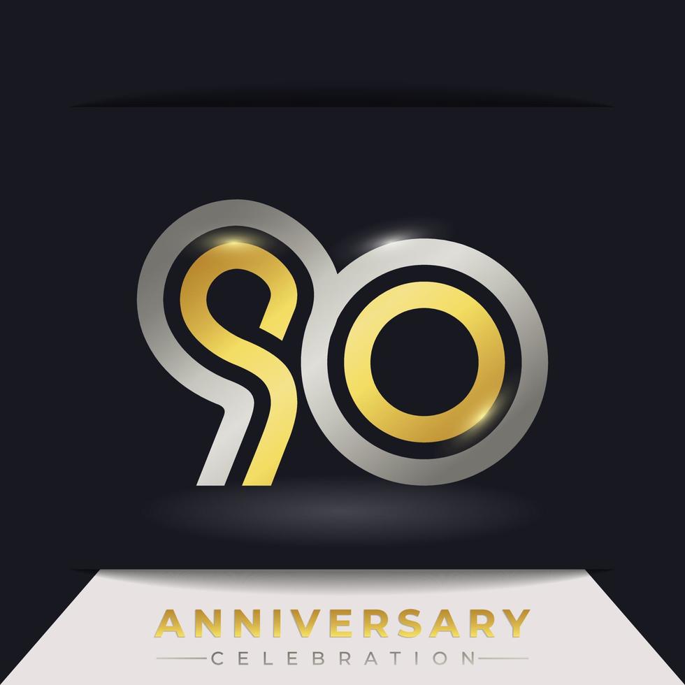 Celebración del aniversario de 90 años con varias líneas vinculadas de color dorado y plateado para eventos de celebración, bodas, tarjetas de felicitación e invitaciones aisladas en un fondo oscuro vector