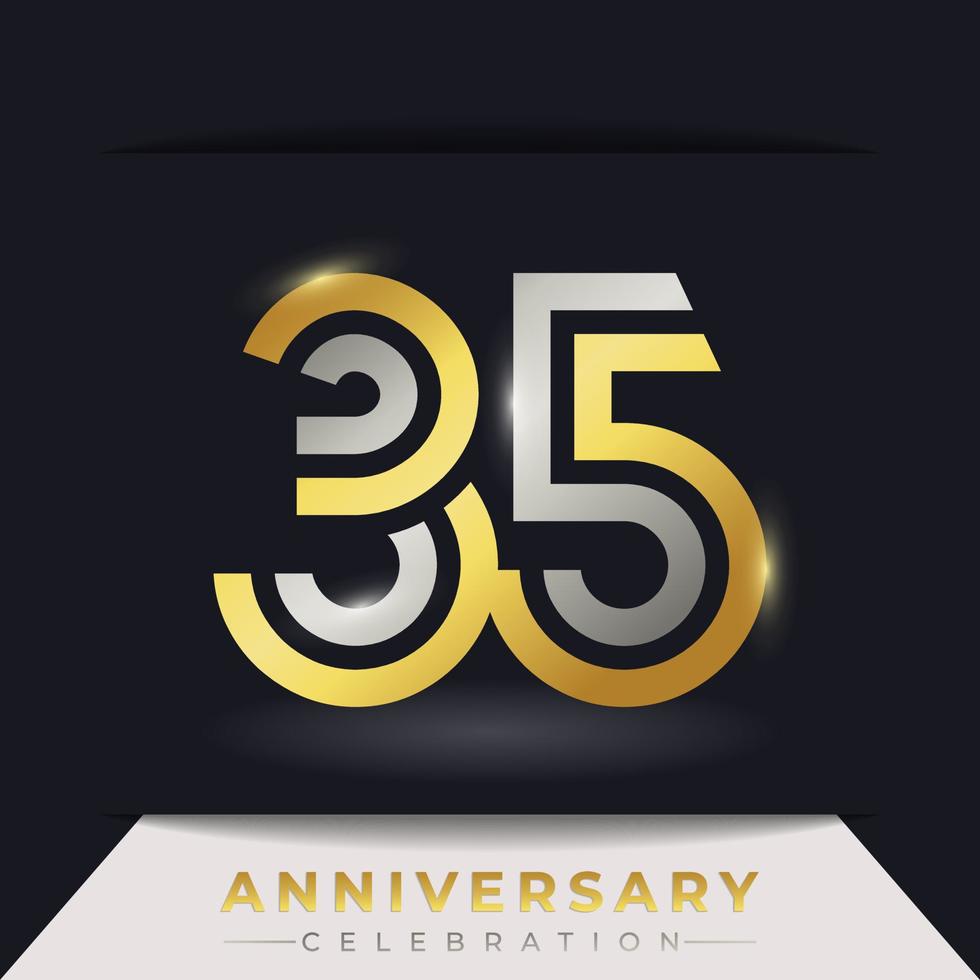 Celebración del aniversario de 35 años con varias líneas vinculadas de color dorado y plateado para eventos de celebración, bodas, tarjetas de felicitación e invitaciones aisladas en un fondo oscuro vector