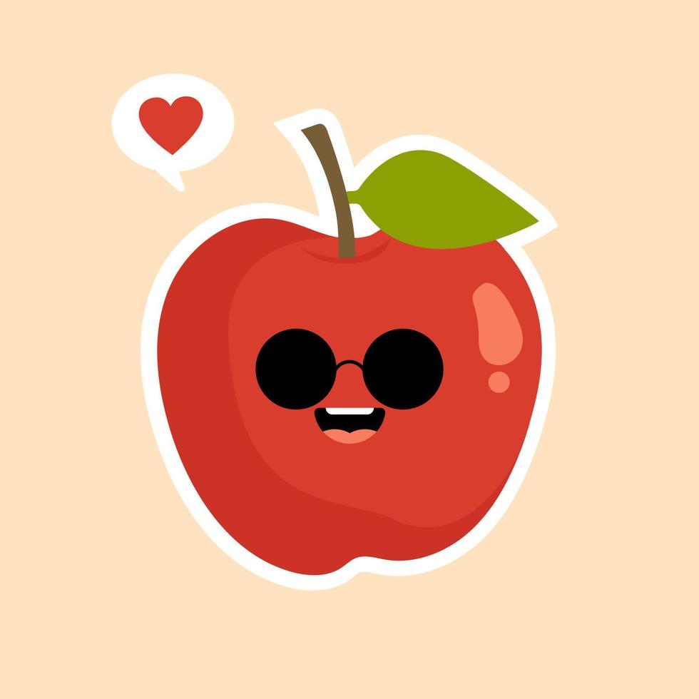 Cute and funny red apple character, mascot, decoration element, cartoon vector illustration isolated on color background. Red apple funny character, concept of health care for kids. Kawaii Apple