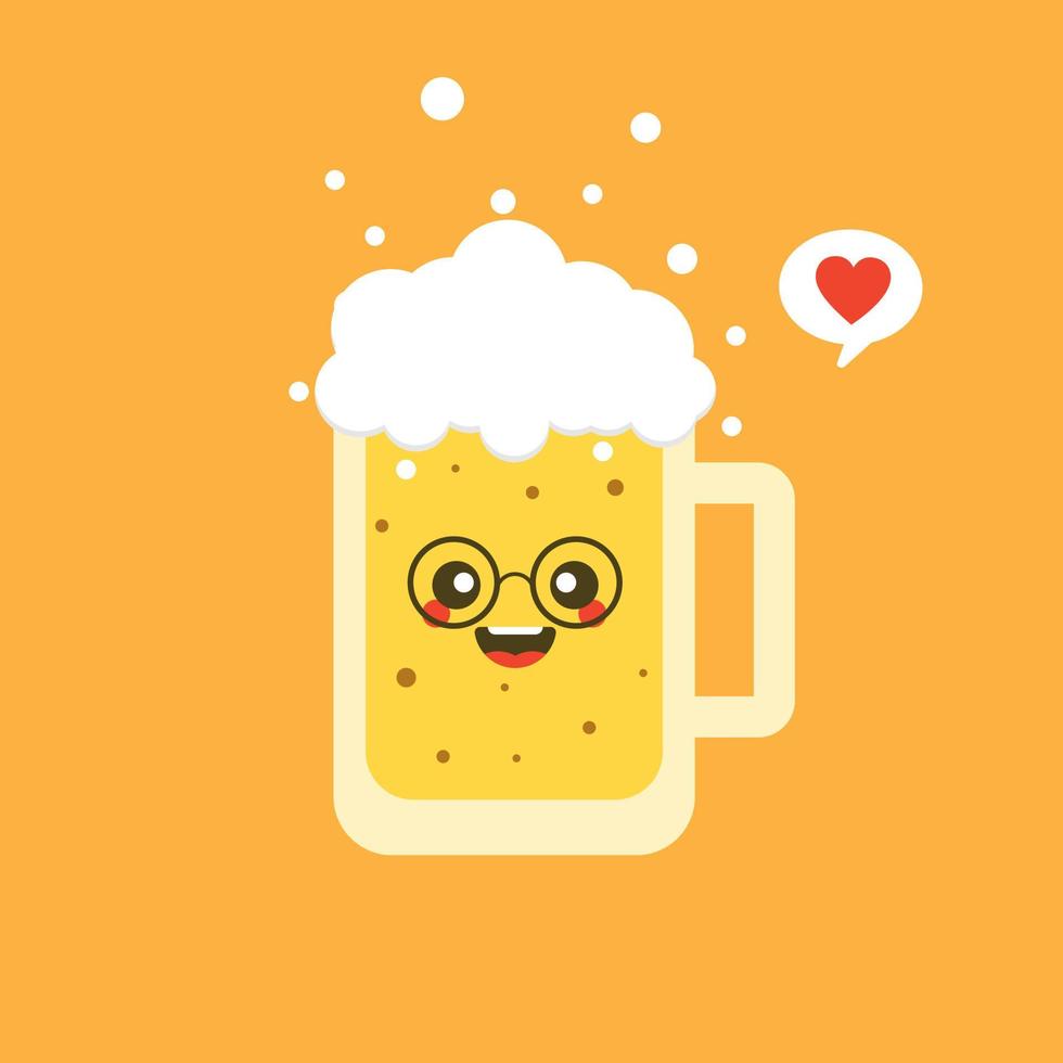 Ilustración de vector de diseño plano de cerveza. caricatura vectorial lindo y kawaii personaje de vaso de cerveza con espuma aislada en el fondo de color. etiqueta cómica de cerveza vectorial o plantilla de diseño de afiches.