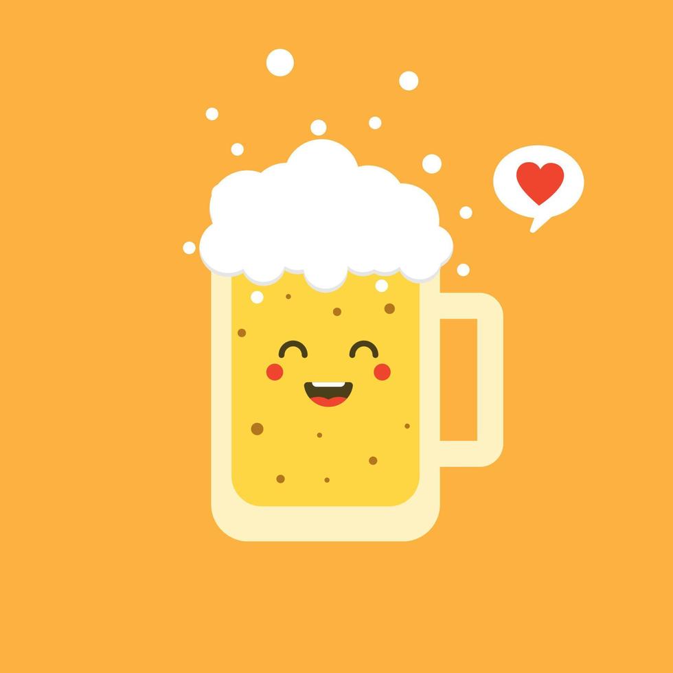 Ilustración de vector de diseño plano de cerveza. caricatura vectorial lindo y kawaii personaje de vaso de cerveza con espuma aislada en el fondo de color. etiqueta cómica de cerveza vectorial o plantilla de diseño de afiches.