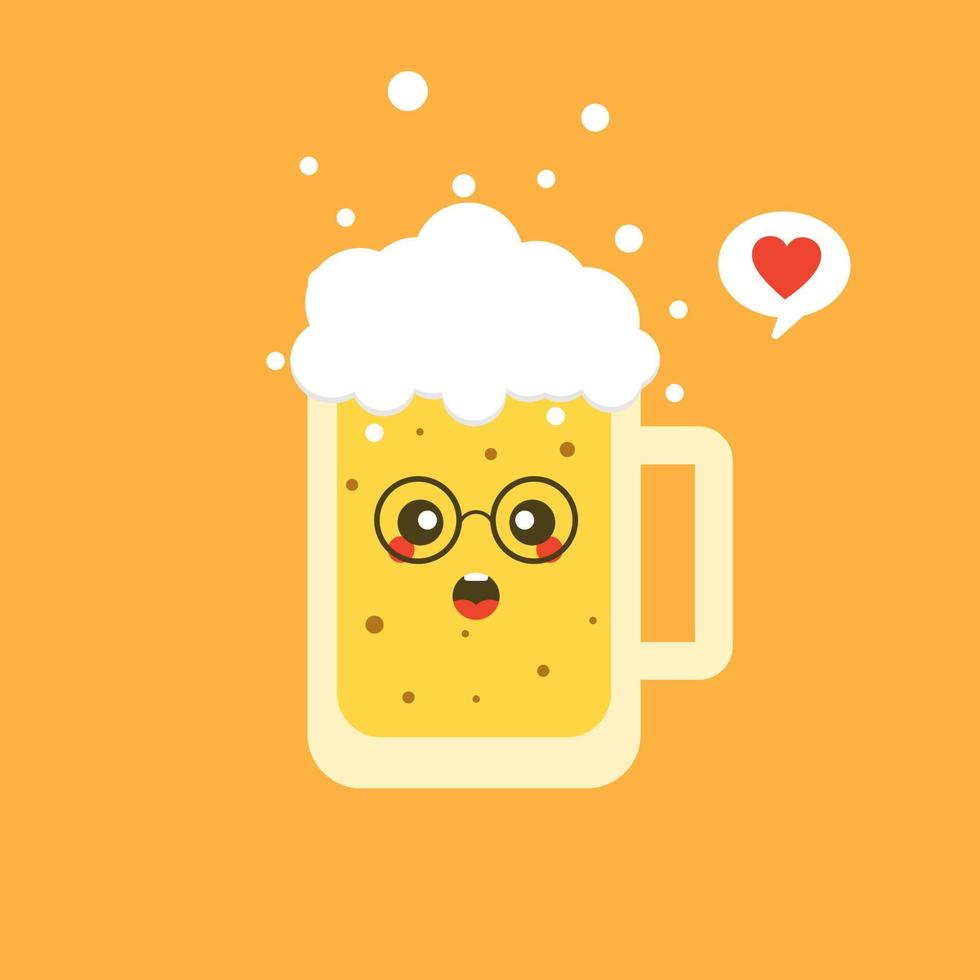 Ilustración de vector de diseño plano de cerveza. caricatura vectorial lindo y kawaii personaje de vaso de cerveza con espuma aislada en el fondo de color. etiqueta cómica de cerveza vectorial o plantilla de diseño de afiches.