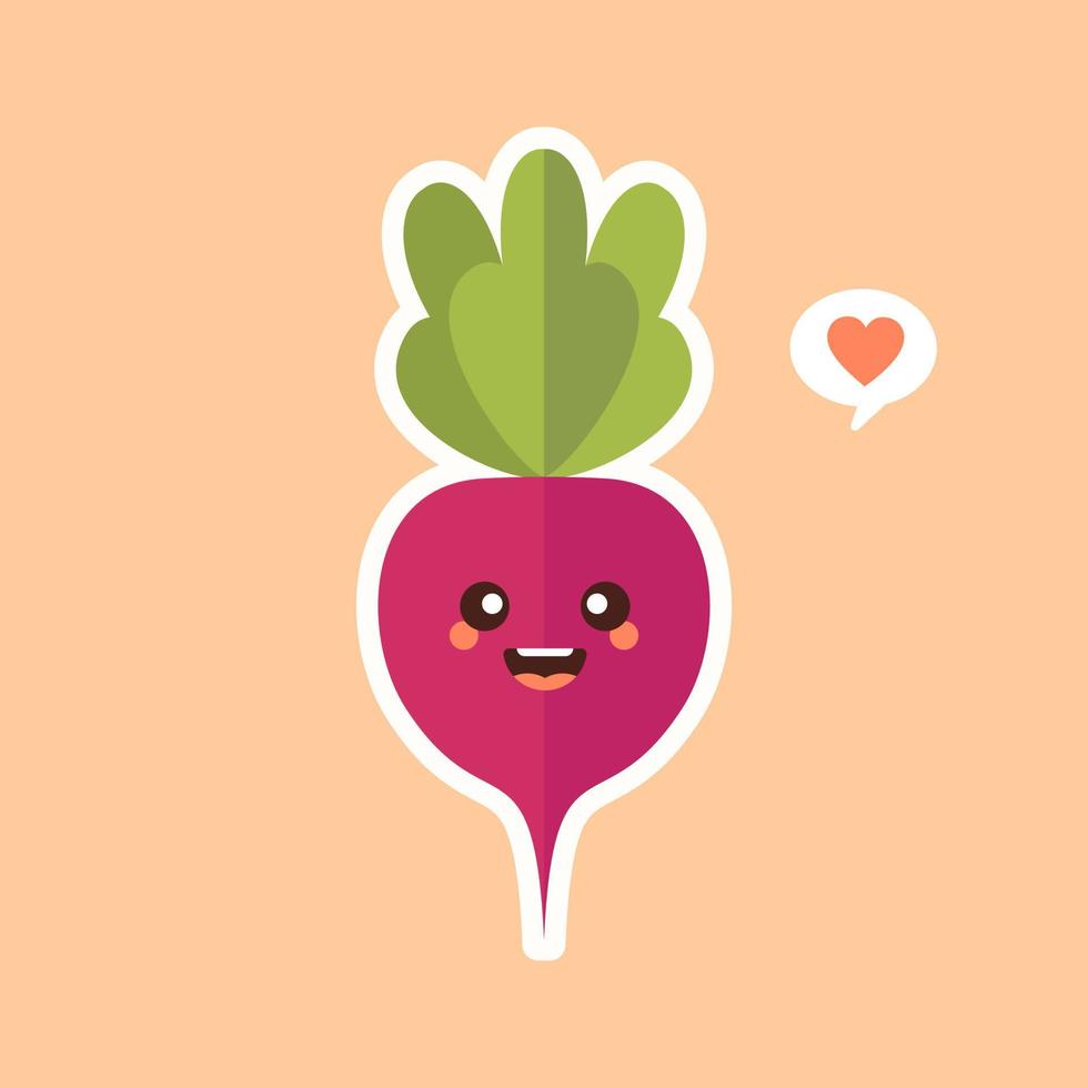 Cute and kawaii Beet. Beetroot. Healthy Food concept. Emoji Emoticon collection. Cartoon characters for kids coloring book, colouring pages, t-shirt print, icon, logo, label, patch, sticker. vector