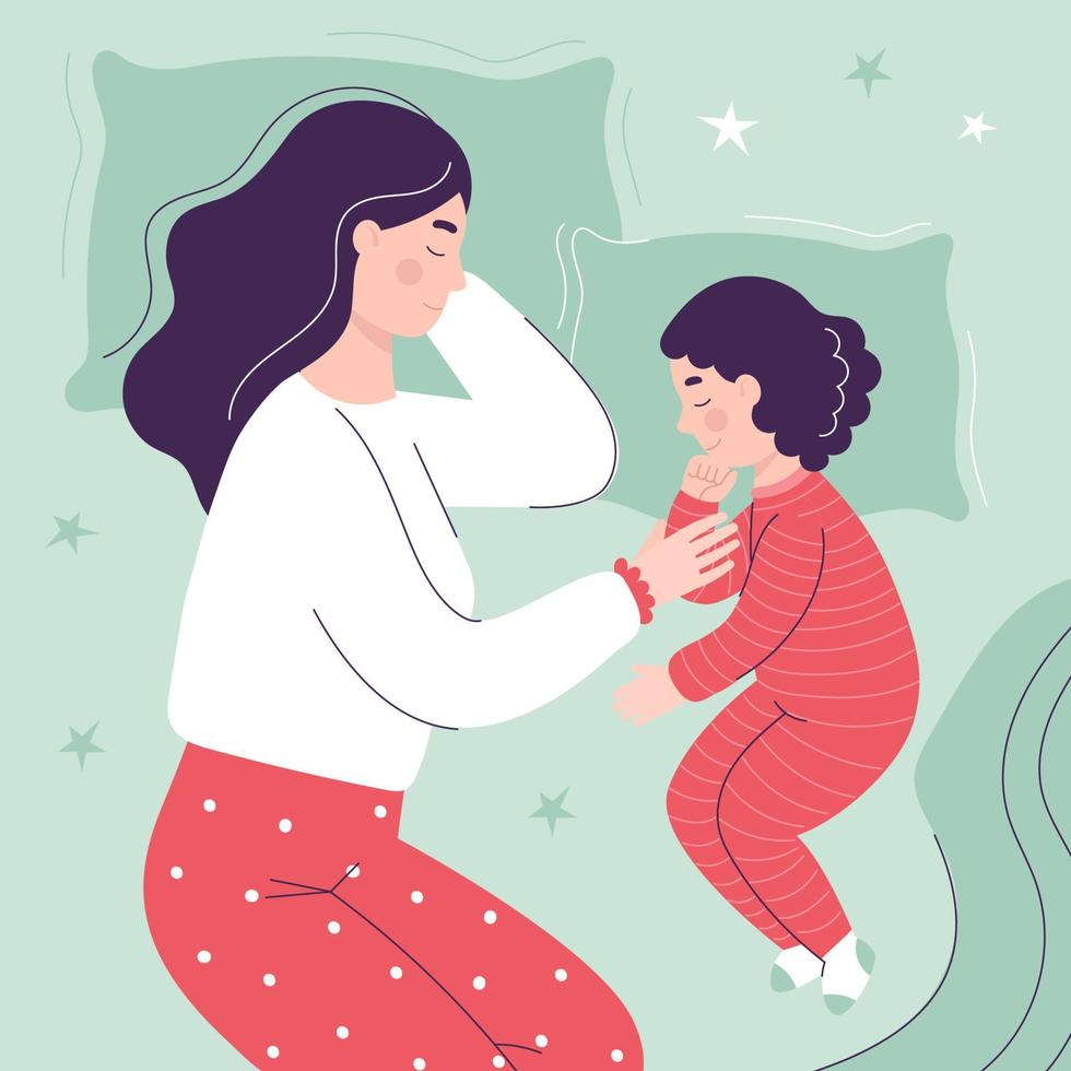 hermosa madre e hija están durmiendo en la cama. el concepto de niños durmiendo junto con sus padres. ilustración de dibujos animados de vector plano