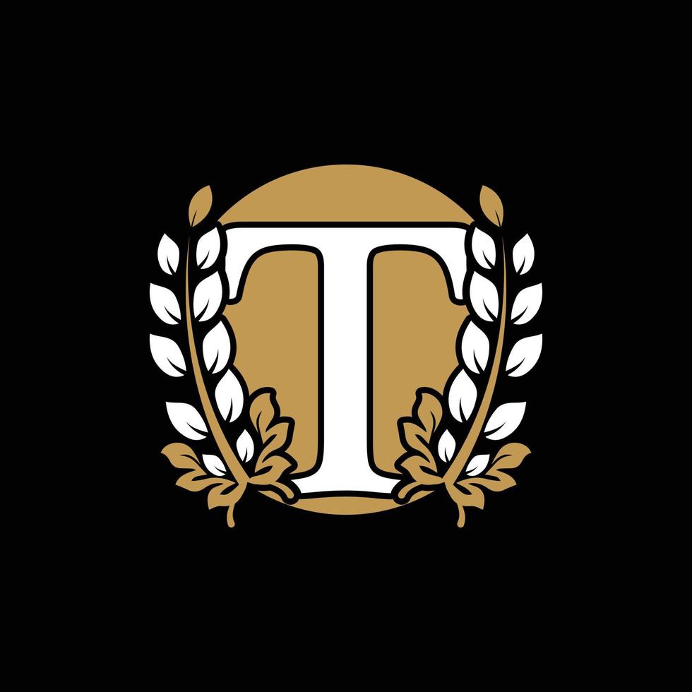 Initial Letter T Linked Monogram Golden Laurel Wreath with Circle Logo. Graceful Design for Restaurant, Cafe, Brand name, Badge, Label, luxury identity vector
