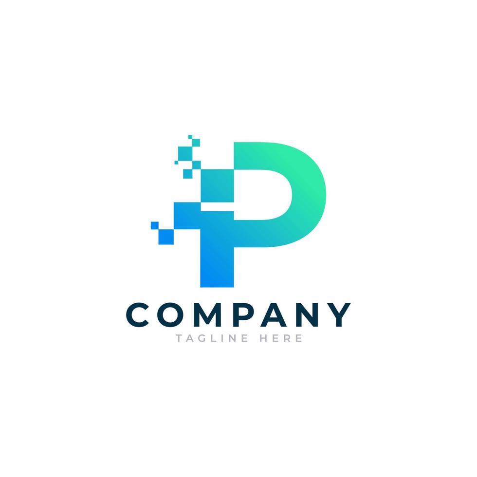 Tech Letter P Logo. Blue and Green Geometric Shape with Square Pixel Dots. Usable for Business and Technology Logos. Design Ideas Template Element. vector