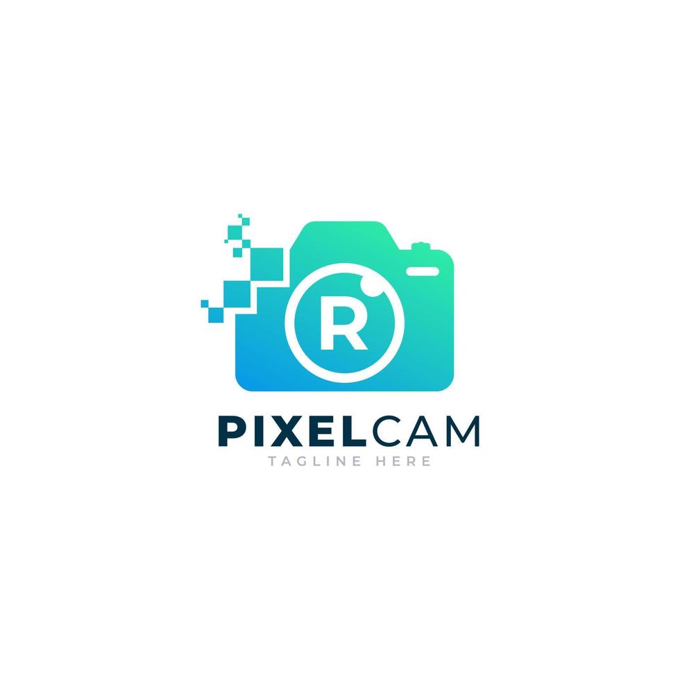 Letter R Inside Camera Photo Pixel Technology Logo Design Template vector