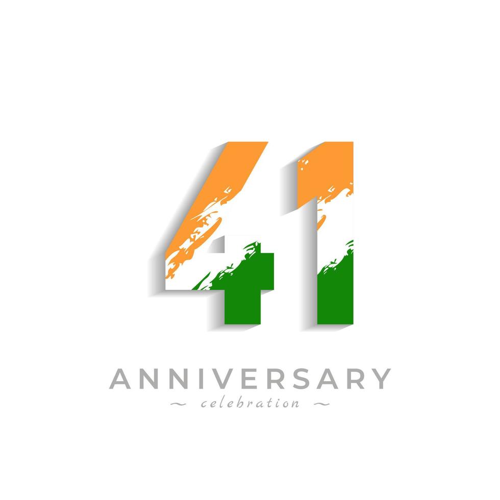 41 Year Anniversary Celebration with Brush White Slash in Yellow Saffron and Green Indian Flag Color. Happy Anniversary Greeting Celebrates Event Isolated on White Background vector