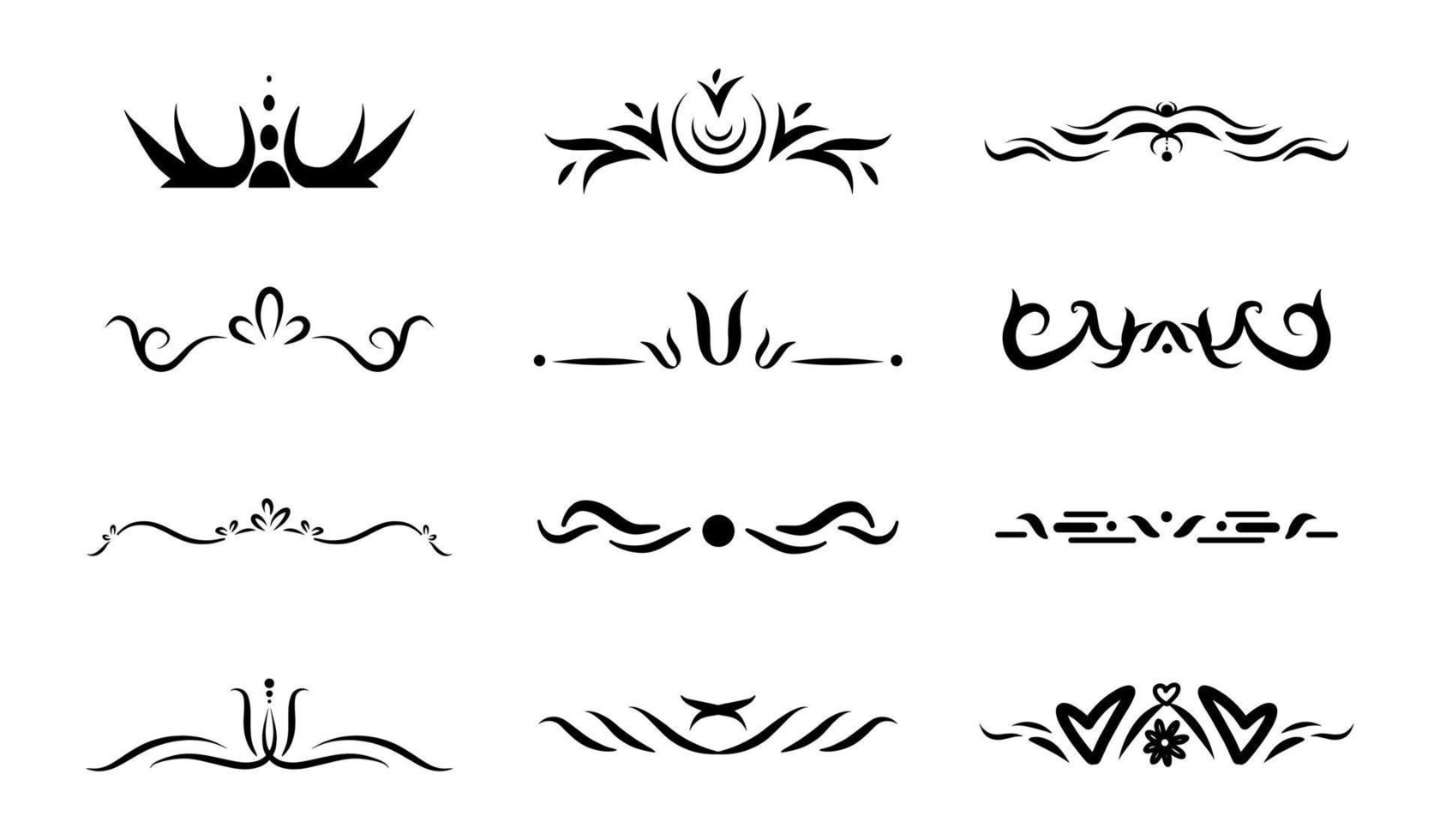 Elegant doodle divider icon set, graphic design element, vintage frame border, card decoration template, simple flat black drawing, luxury swirl pattern, vector symbol sketch, retro royal sign.