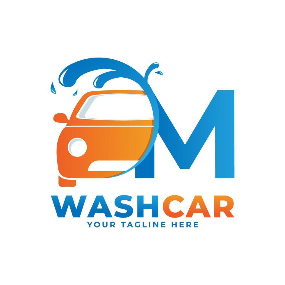 Letter M with Car Wash Logo, Cleaning Car, Washing and Service Vector Logo Design.