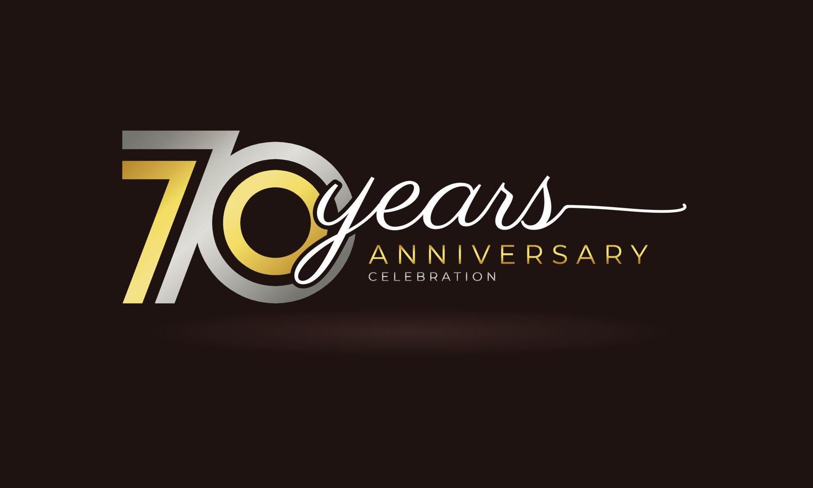 70 Year Anniversary Celebration Logotype with Linked Multiple Line Silver and Golden Color for Celebration Event, Wedding, Greeting Card, and Invitation Isolated on Dark Background vector