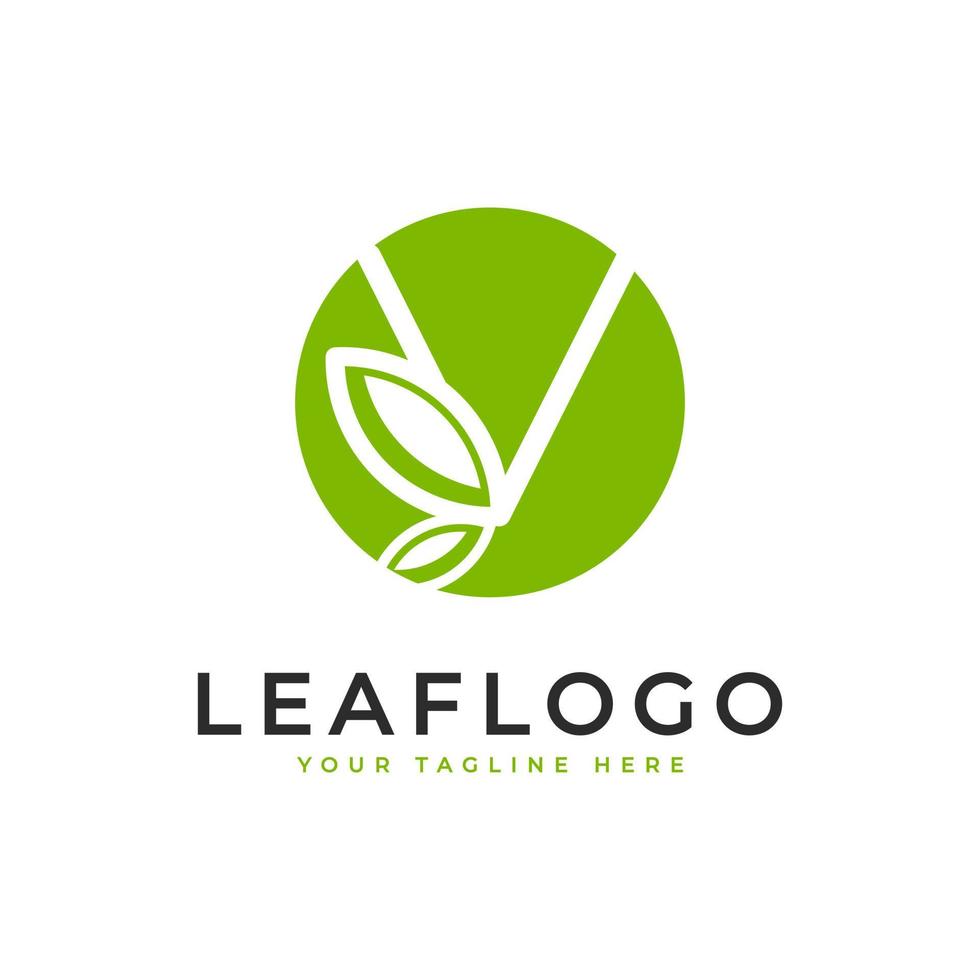 Creative Initial Letter V Logo. Circle Shape Linear Style Linked with Green Leaf Symbol. Usable for Business, Healthcare, Nature and Farm Logos. Flat Vector Logo Design Ideas Template Element. Eps10