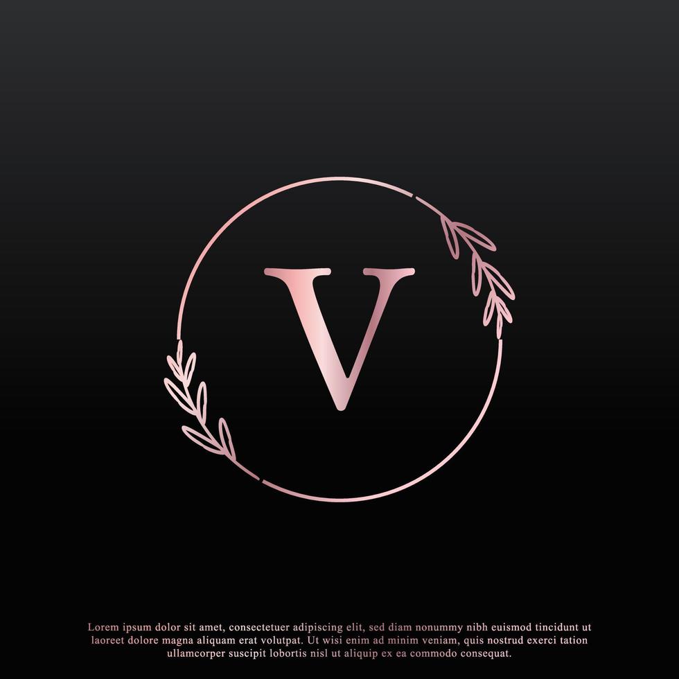 Elegant V Letter Circle Floral Logo with Creative Elegant Leaf Monogram Branch Line and Pink Black Color. Usable for Business, Fashion, Cosmetics, Spa, Science, Medical and Nature Logos. vector