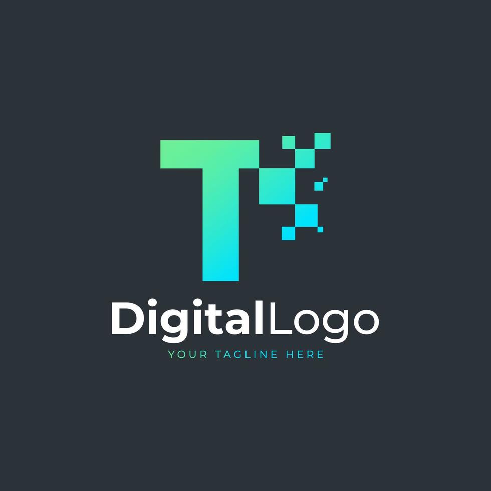 logotipo de la letra t de tecnología. forma geométrica azul y verde con puntos de píxeles cuadrados. utilizable para logotipos de negocios y tecnología. elemento de plantilla de ideas de diseño. vector