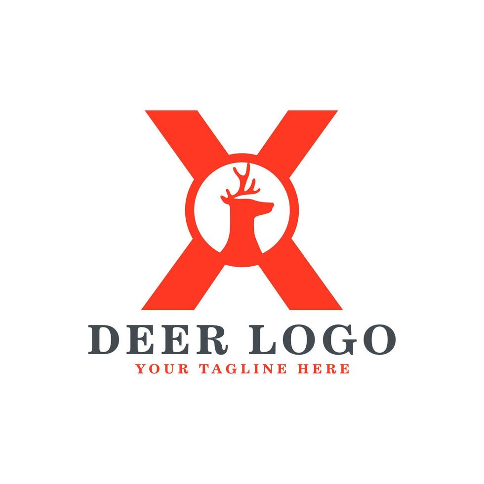 Orange Deer Logo Design. Orange Shape Initial Letter X with Head Deer Silhouette inside. Flat Vector Logo Design Ideas Template Element