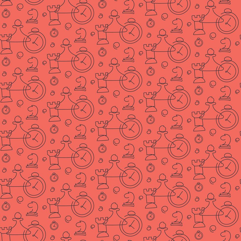 Seamless pattern with chess pieces and timers. Texture with different elements in doodle style. vector