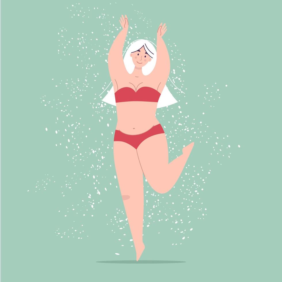 una feliz y hermosa mujer regordeta en traje de baño bailando. concepto de positividad corporal, amor propio, sobrepeso. personaje femenino de vector plano