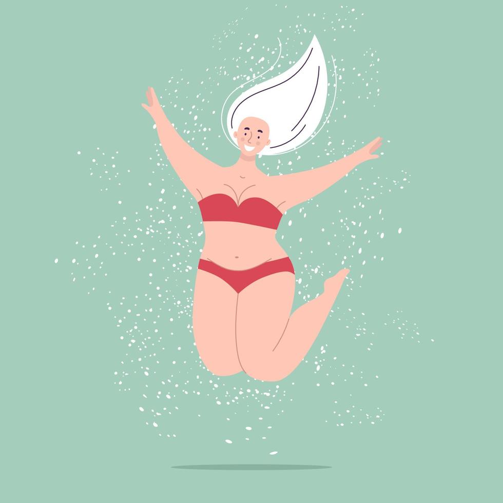 A happy beautiful plump woman in a swimsuit jumps. Concept of body positivity, self-love, overweight. Flat vector female character