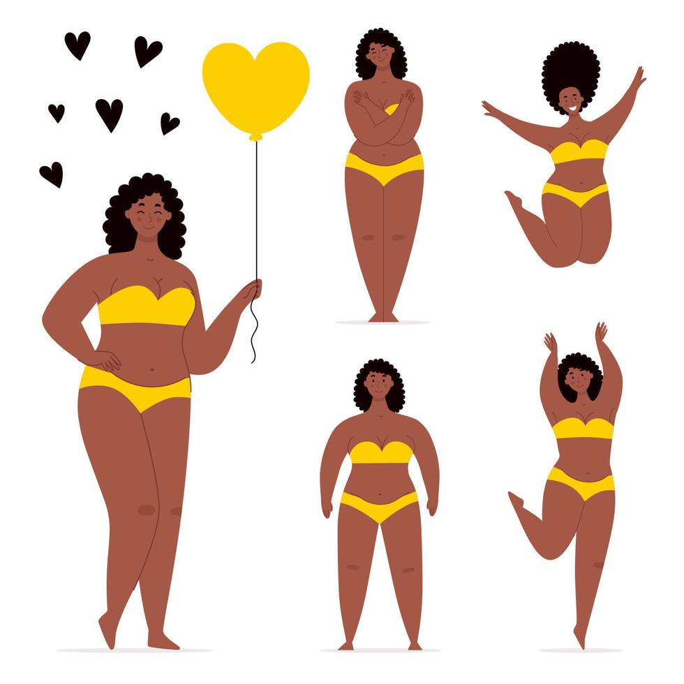 A happy african plump women in swimsuit holding a heart-shaped balloon,dancing,jumping,hugs herself.Concept of body positivity,self-love,overweight.Flat vector character isolated on white background