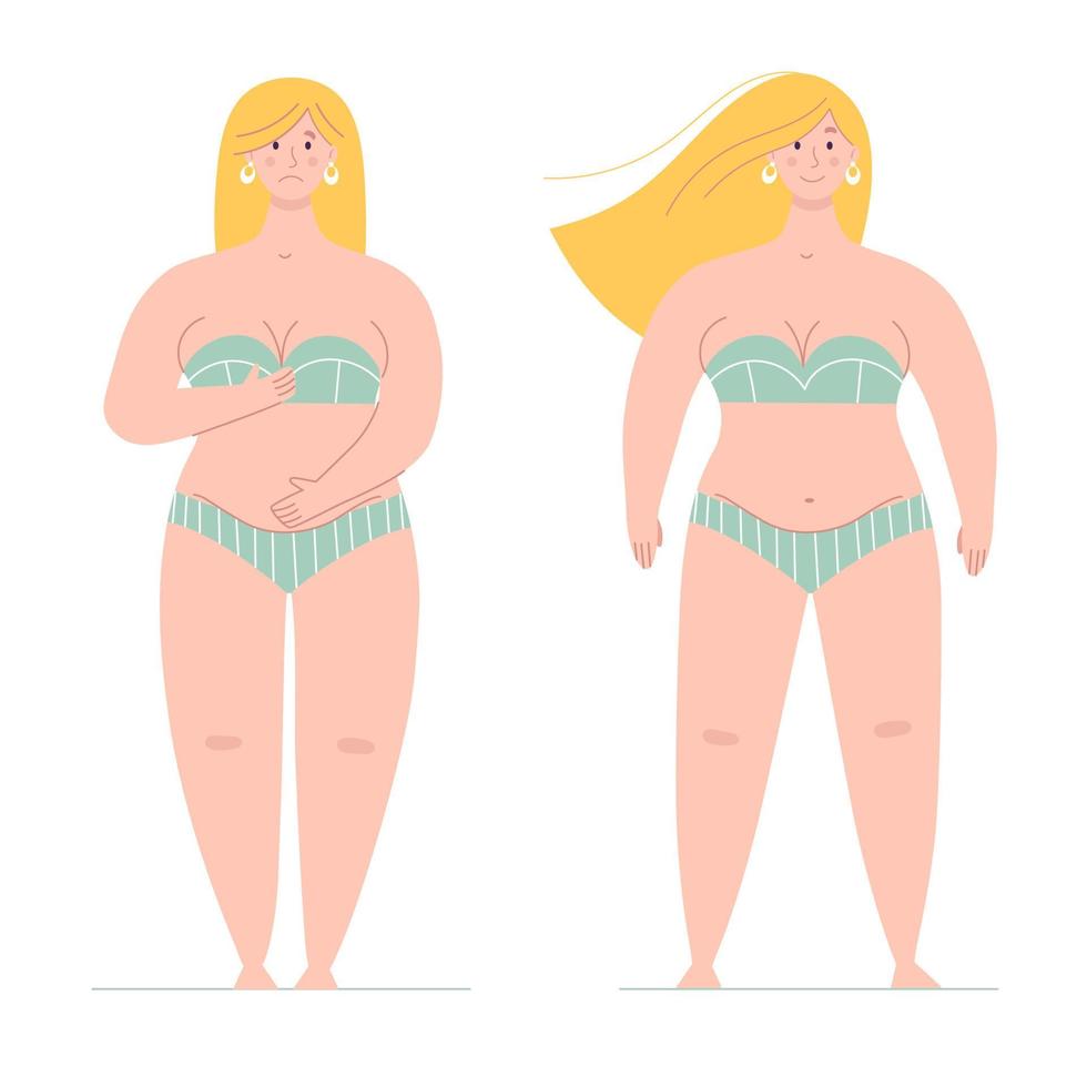 A beautiful plump woman in a swimsuit stands in full growth.One is ashamed of her body, the other is happy and loves hers.Concept of body positive,self love, overweight.Flat vector female character