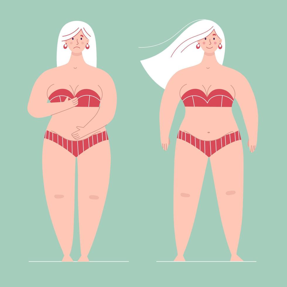 A beautiful plump woman in a swimsuit stands in full growth.One is ashamed of her body, the other is happy and loves hers.Concept of body positive,self love, overweight.Flat vector female character