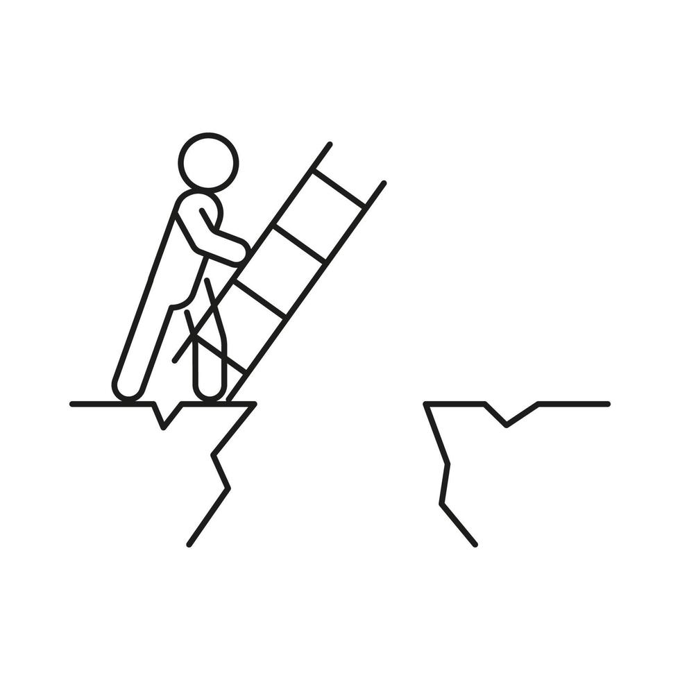 Using stairs to cross to other side rock, to move on. Climb using ladder, man stands in front of cliff. Cliff of mountain. Difficult decision. Risk of life. Vector line illustration