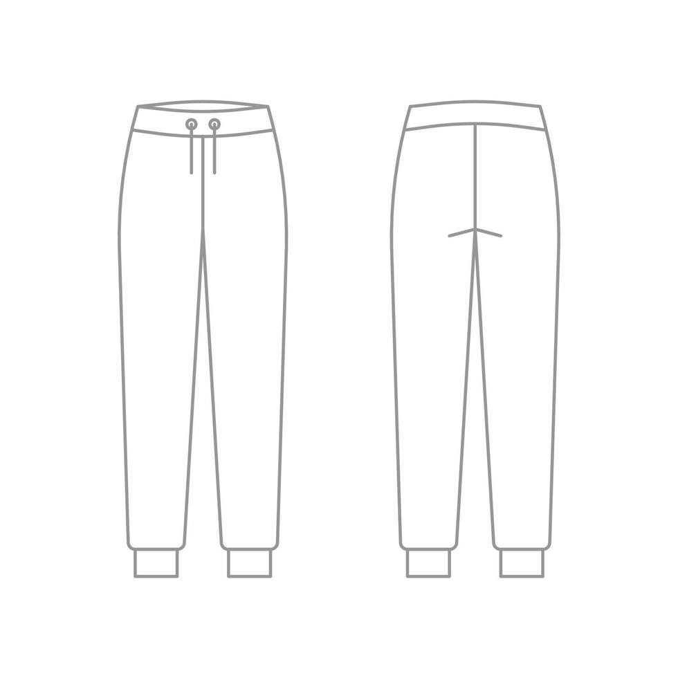 Pants joggers, sport trousers, sweatpants technical drawing, outline template, sketch. Fabric trousers with front, back view. Vector flat illustration