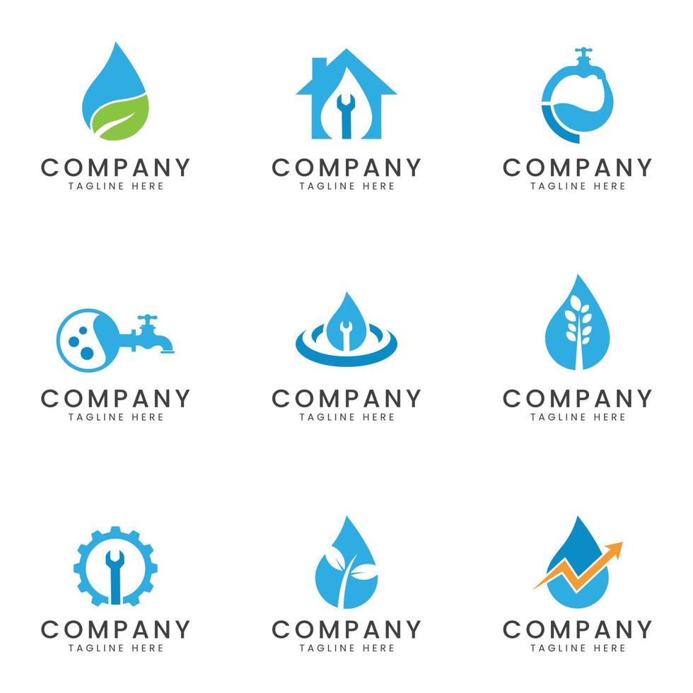 conjunto de diseño de icono de logotipo de negocio de agua y plomería para empresa multipropósito vector