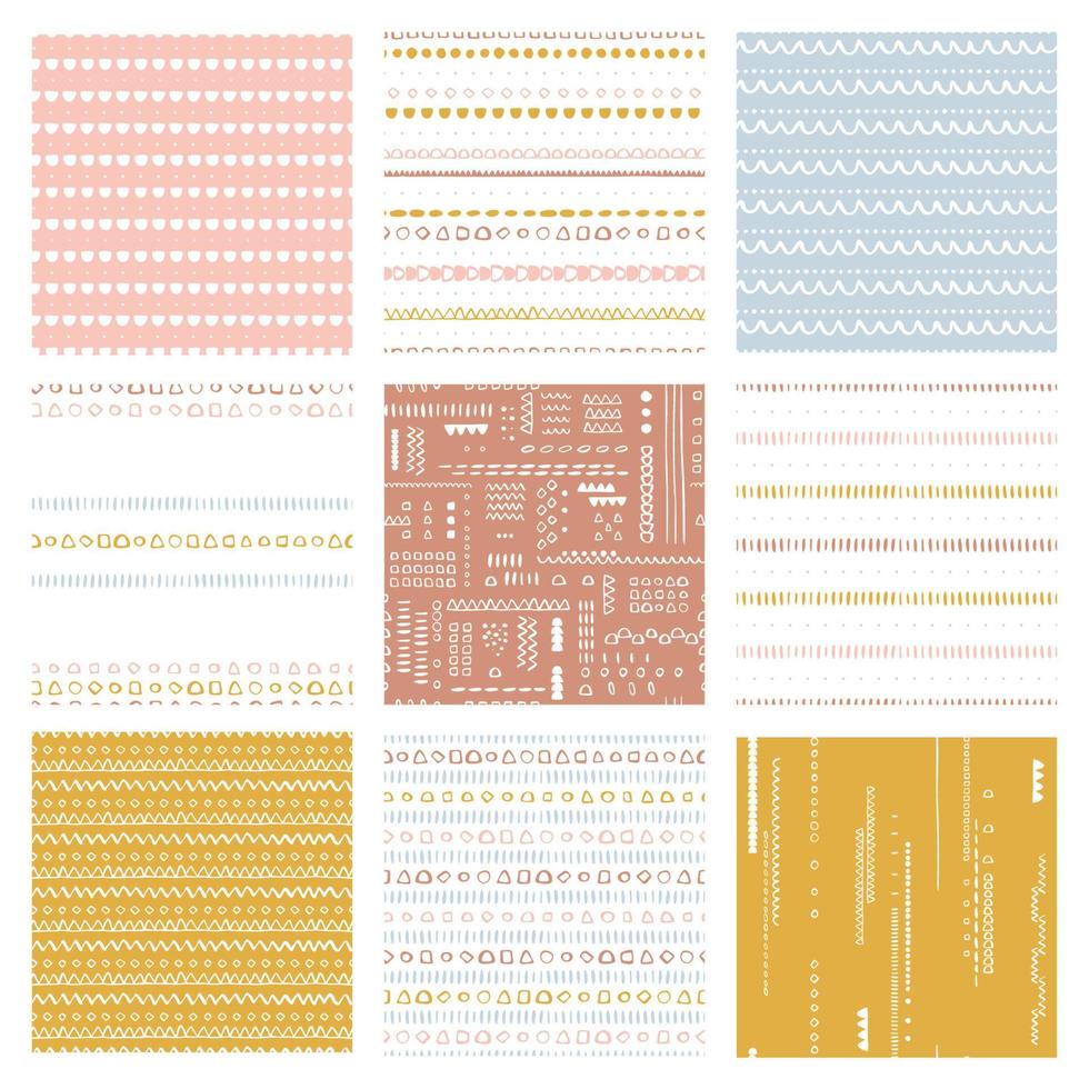 paquete de patrones sin costura vectorial conjunto de fondos de superficie infantil colores personalizados de moda tema hipster de la infancia, paquete de patrones abstractos geométricos de estilo escandinavo para imprimir en papel y tela. vector