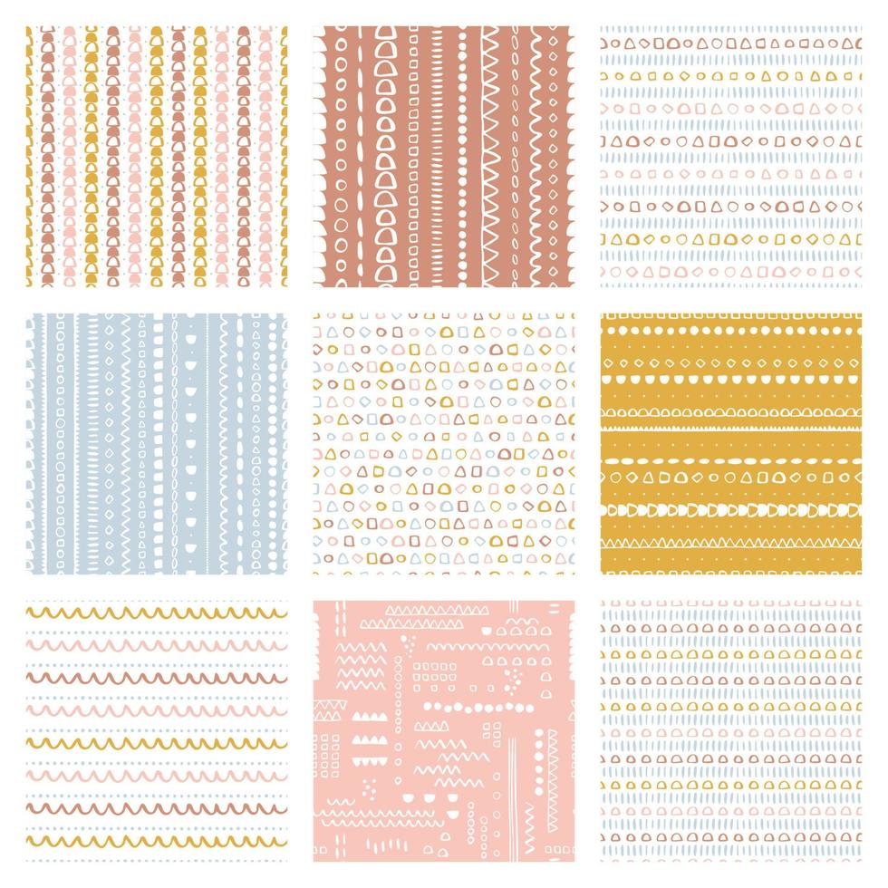 Vector seamless pattern pack Set of childish suface backgrounds Trendy customized colours Childhood hipster theme, scandinavian style geometric abstract pattern pack For printing on paper and fabric.