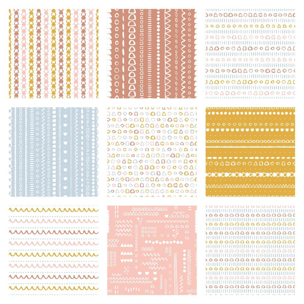 Vector seamless pattern pack Set of childish suface backgrounds Trendy customized colours Childhood hipster theme, scandinavian style geometric abstract pattern pack For printing on paper and fabric.