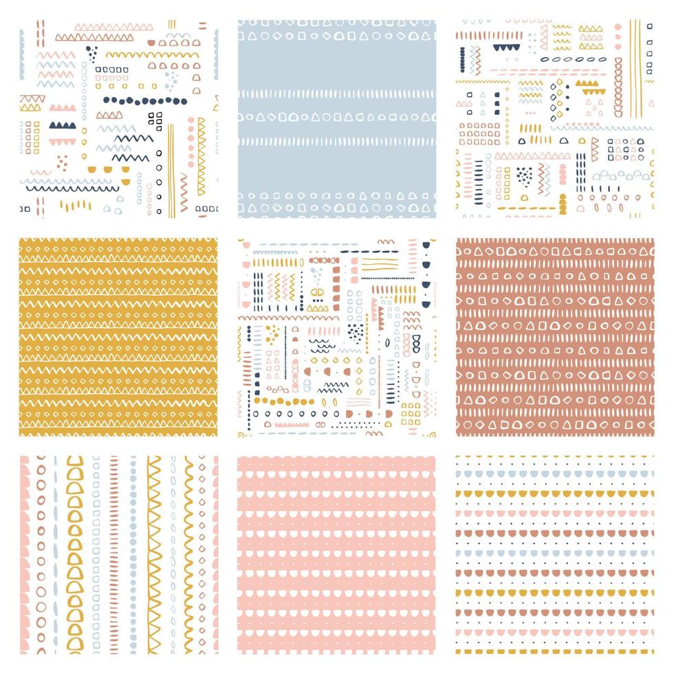 paquete de patrones sin costura vectorial conjunto de fondos de superficie infantil colores personalizados de moda tema hipster de la infancia, paquete de patrones abstractos geométricos de estilo escandinavo para imprimir en papel y tela. vector