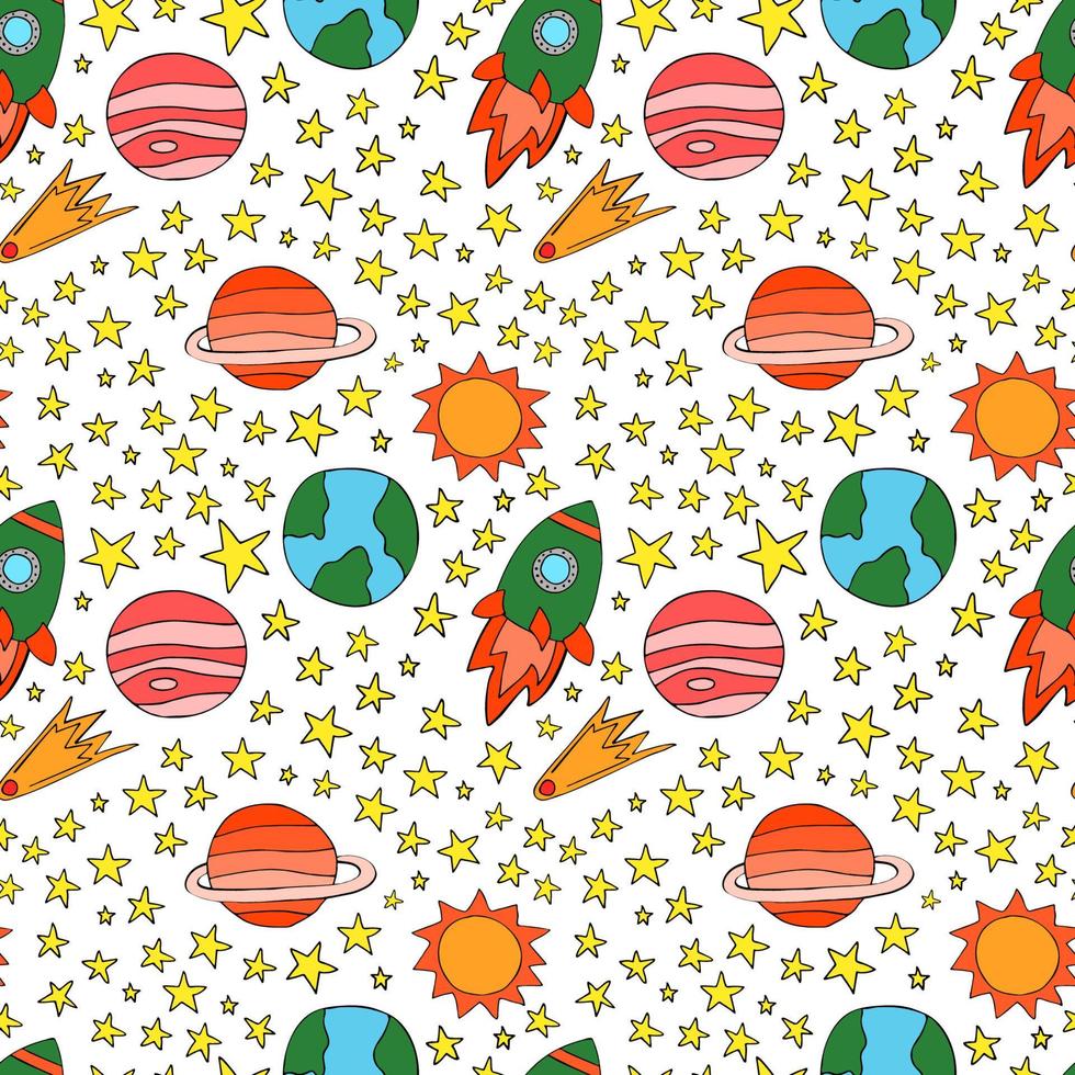 Space planets asteroids rocket ufo meteorite star night sky. Vector seamless pattern. Space travelling flight. Illustration in doodle style. For printing on paper fabric social media post web banner