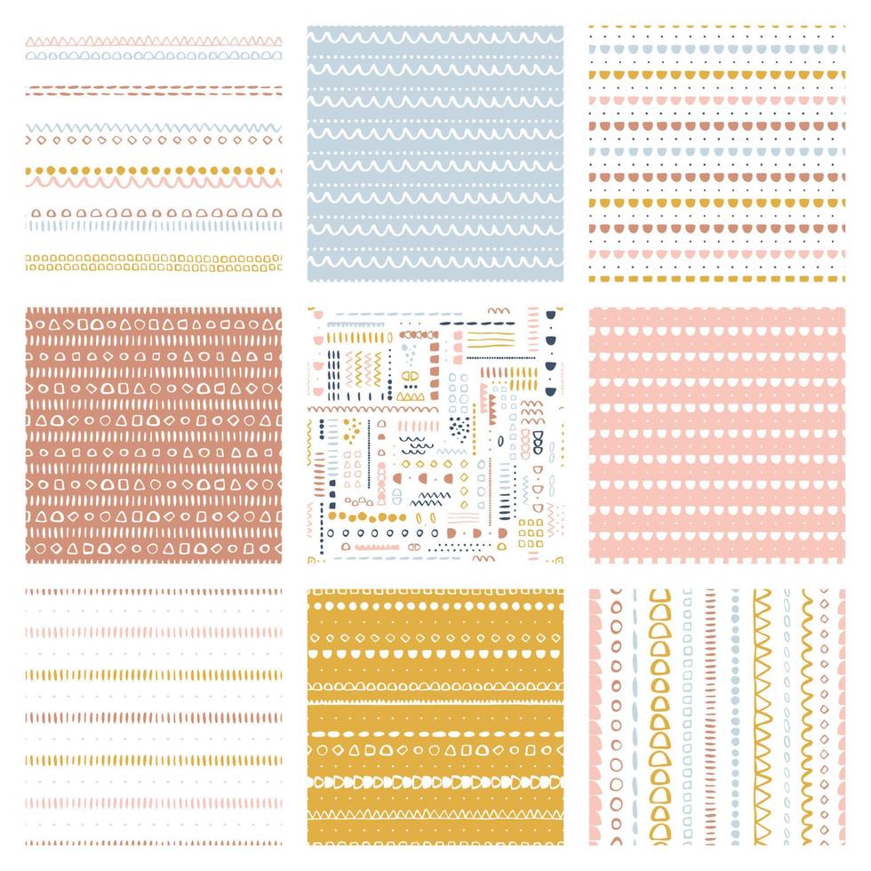 paquete de patrones sin costura vectorial conjunto de fondos de superficie infantil colores personalizados de moda tema hipster de la infancia, paquete de patrones abstractos geométricos de estilo escandinavo para imprimir en papel y tela. vector