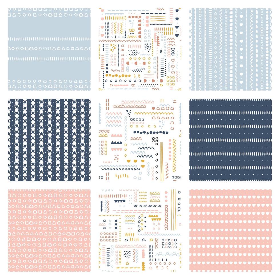 paquete de patrones sin costura vectorial conjunto de fondos de superficie infantil colores personalizados de moda tema hipster de la infancia, paquete de patrones abstractos geométricos de estilo escandinavo para imprimir en papel y tela. vector