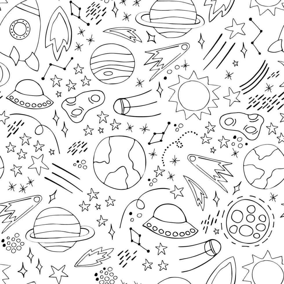 Space planets asteroids rocket ufo meteorite star night sky. Vector seamless pattern. Space travelling flight. Illustration in doodle style. For printing on paper fabric social media post web banner
