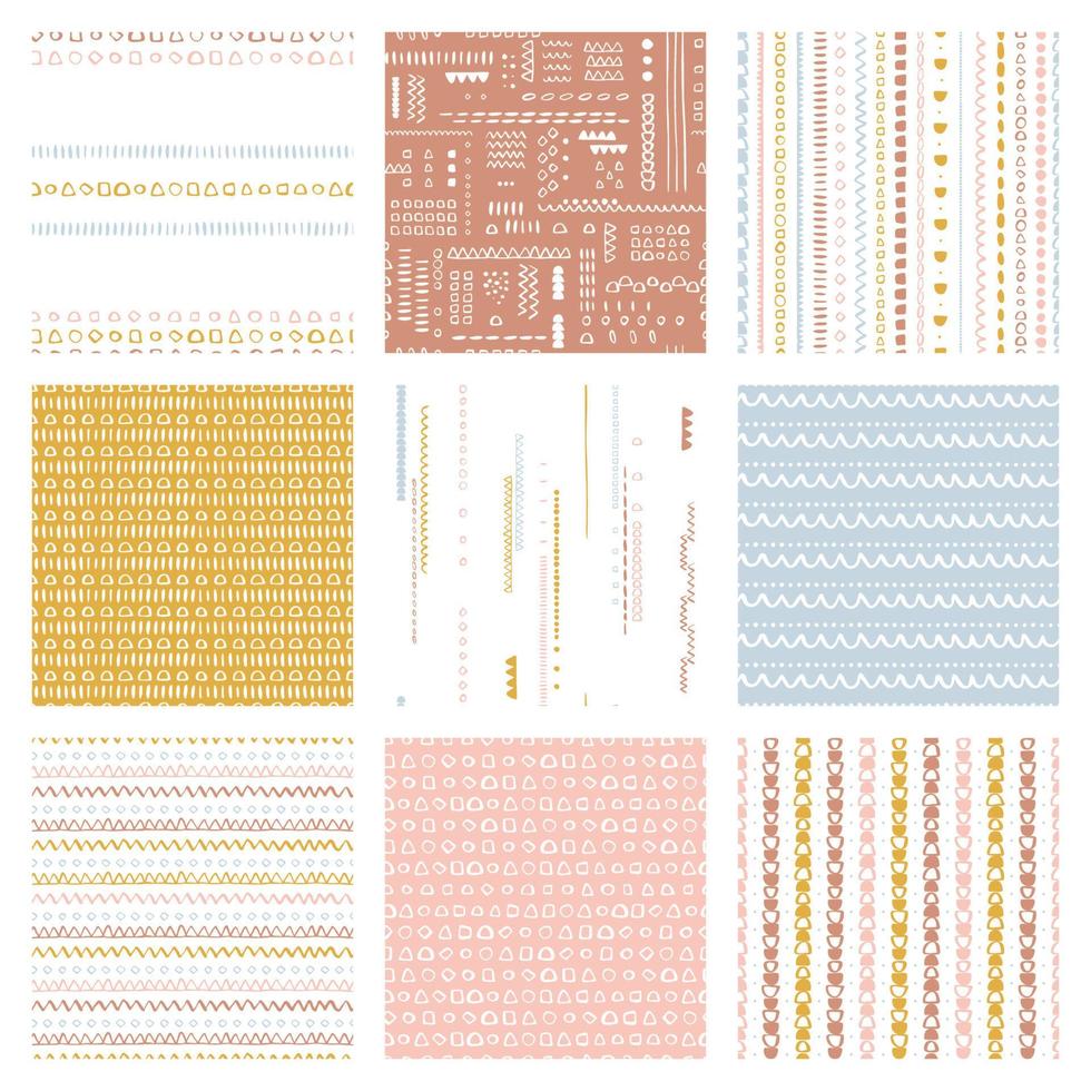 Vector seamless pattern pack Set of childish suface backgrounds Trendy customized colours Childhood hipster theme, scandinavian style geometric abstract pattern pack For printing on paper and fabric.