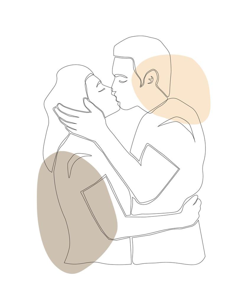 Young people in profile, a guy and a girl hugging, kissing. The concept of love, peace, friendship. Vector graphics.