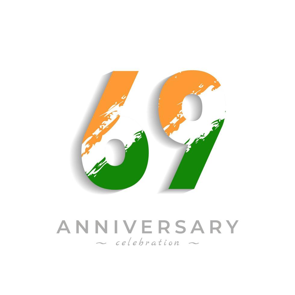 Celebración del aniversario de 69 años con barra blanca de pincel en azafrán amarillo y color verde de la bandera india. saludo de feliz aniversario celebra evento aislado sobre fondo blanco vector