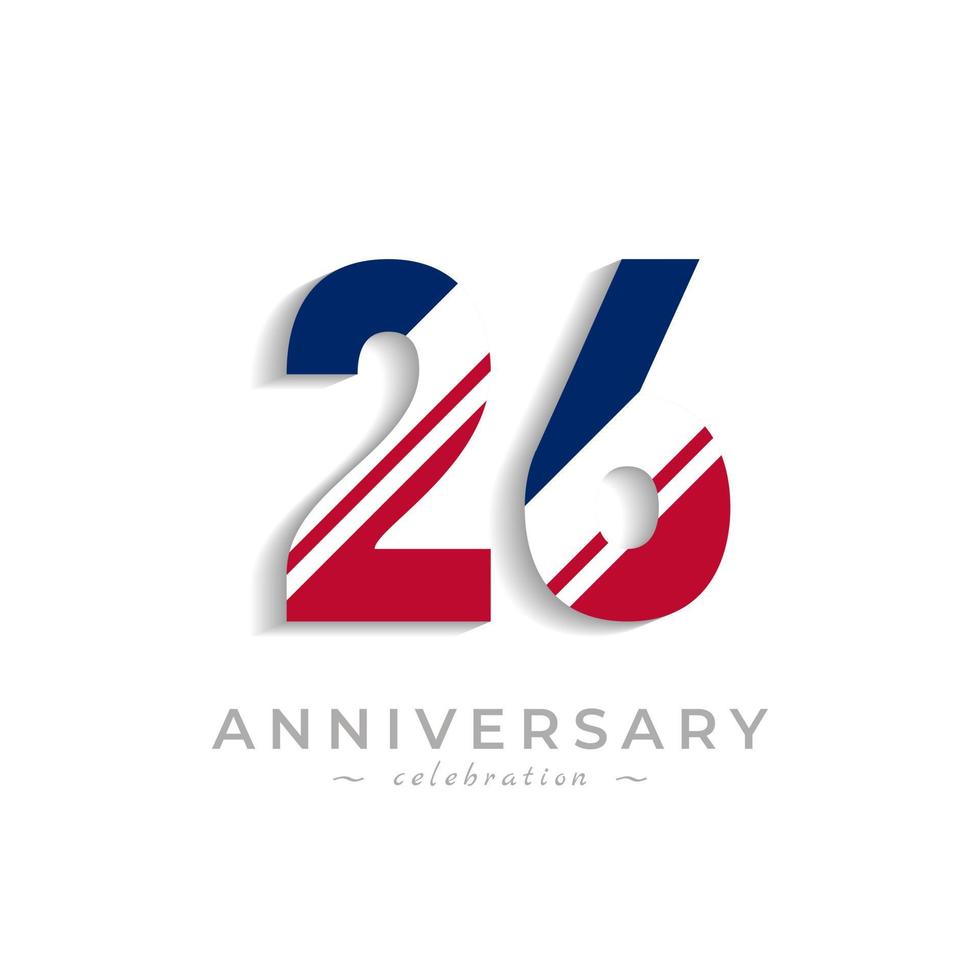 Celebración del aniversario de 26 años con barra blanca en color rojo y azul de la bandera americana. saludo de feliz aniversario celebra evento aislado sobre fondo blanco vector