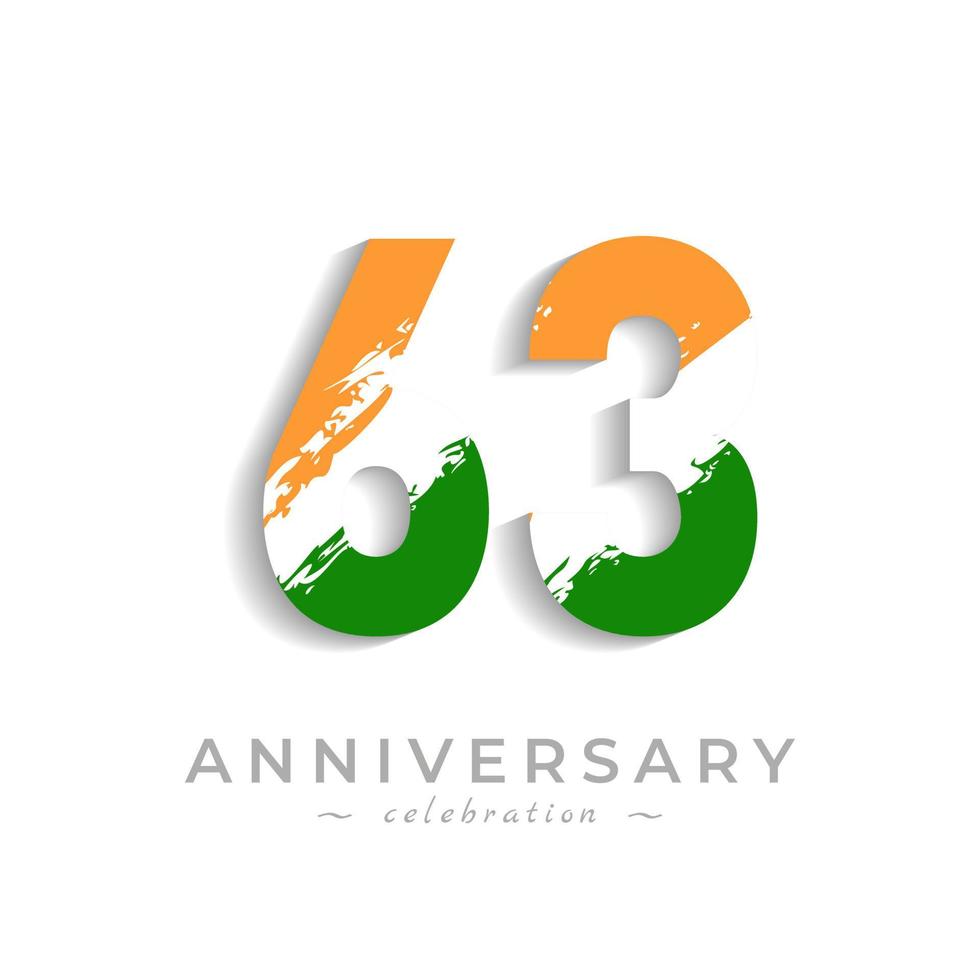 63 Year Anniversary Celebration with Brush White Slash in Yellow Saffron and Green Indian Flag Color. Happy Anniversary Greeting Celebrates Event Isolated on White Background vector