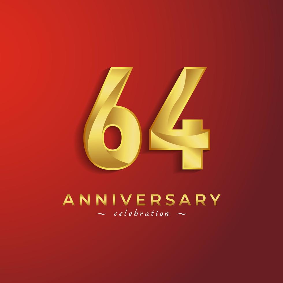 Celebración del aniversario de 64 años con color dorado brillante para eventos de celebración, bodas, tarjetas de felicitación y tarjetas de invitación aisladas en fondo rojo vector