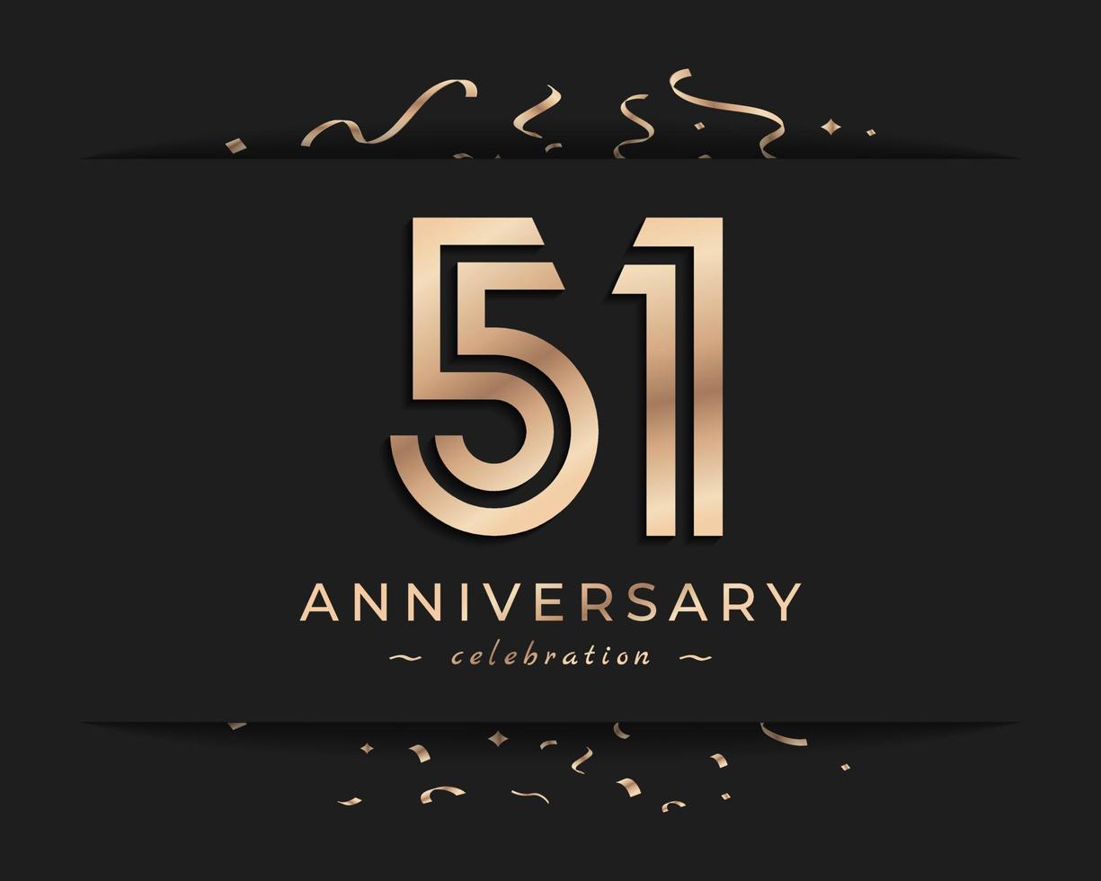 Diseño de estilo de logotipo de celebración de aniversario de 51 años. el saludo de feliz aniversario celebra el evento con múltiples líneas doradas y confeti aislado en la ilustración de diseño de fondo oscuro vector