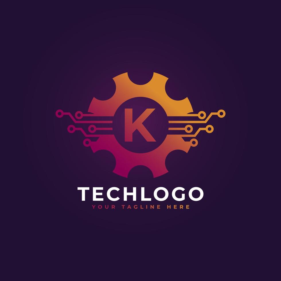 elemento de plantilla de diseño de logotipo de engranaje de letra inicial k de tecnología. vector